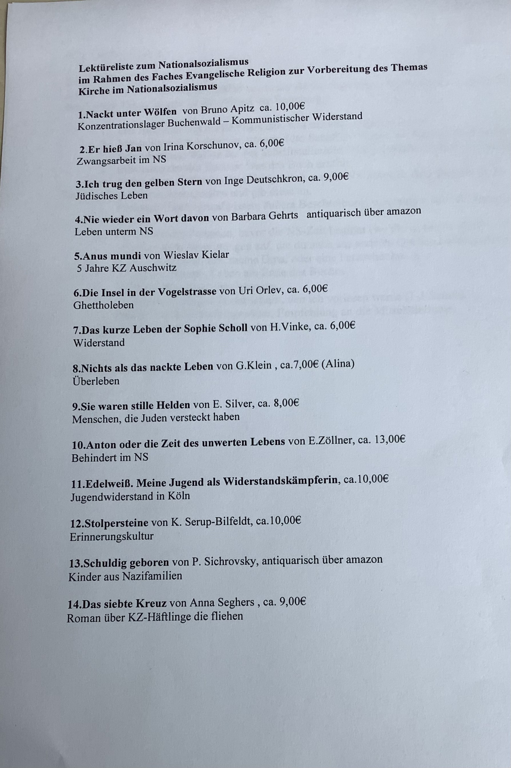 Lektüreliste NS Stufe 9